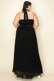 Chiffon Pleated Gold Trim Neck & Belt Cut Out Chest Maxi Dress - Fashionmj