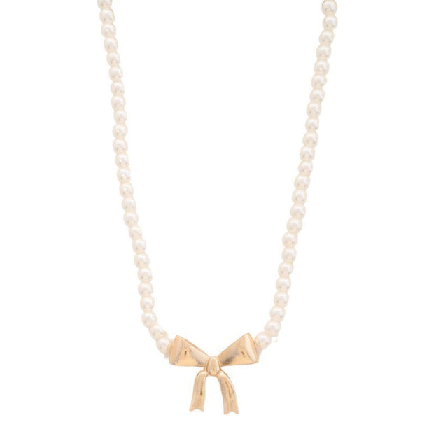 Pearl Ribbon Bow Pendant Necklace - Fashionmj