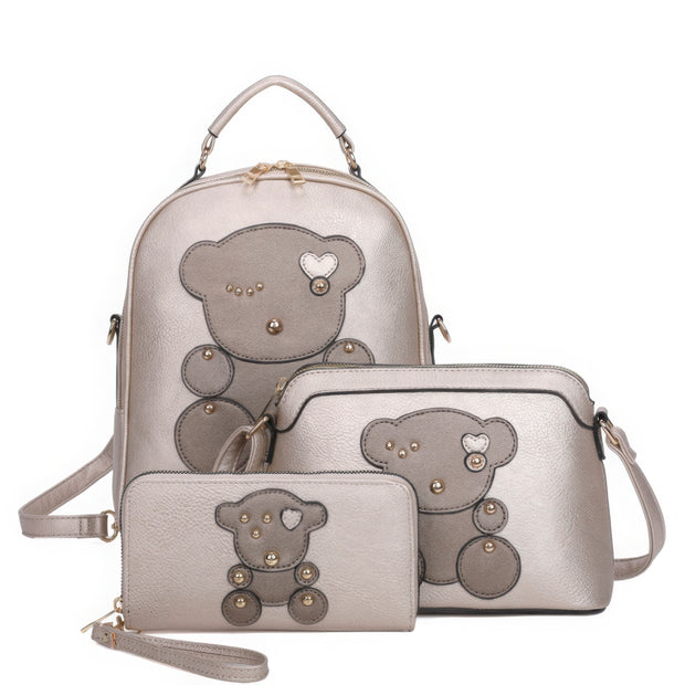 3in1 Cute Bear Design Handle Backpack W Crossbody And Wallet Set - Fashionmj