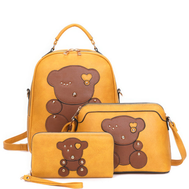 3in1 Cute Bear Design Handle Backpack W Crossbody And Wallet Set - Fashionmj