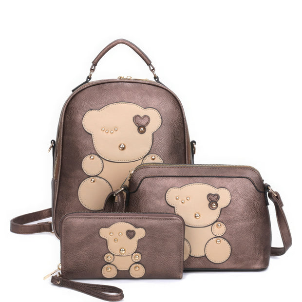 3in1 Cute Bear Design Handle Backpack W Crossbody And Wallet Set - Fashionmj