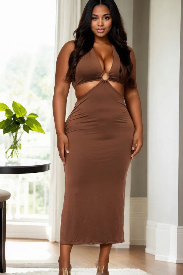 Plus Size Cut-out Halter Neck Double Back Tie Split Thigh Midi Dress - Fashionmj