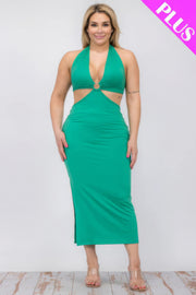 Plus Size Cut-out Halter Neck Double Back Tie Split Thigh Midi Dress - Fashionmj