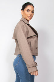 Notch Buckled Sleeve Crop Trench Coat - Fashionmj