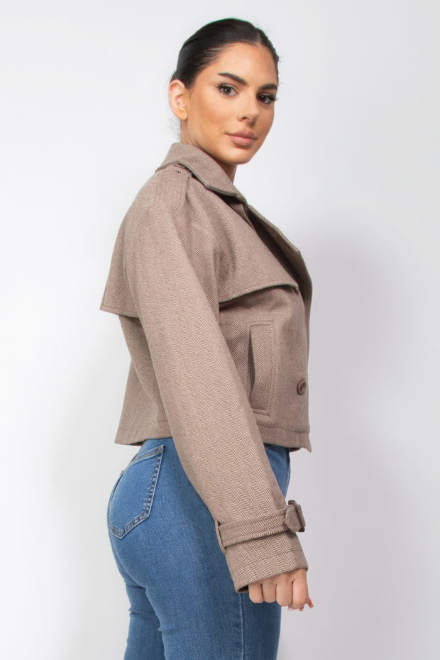 Notch Buckled Sleeve Crop Trench Coat - Fashionmj