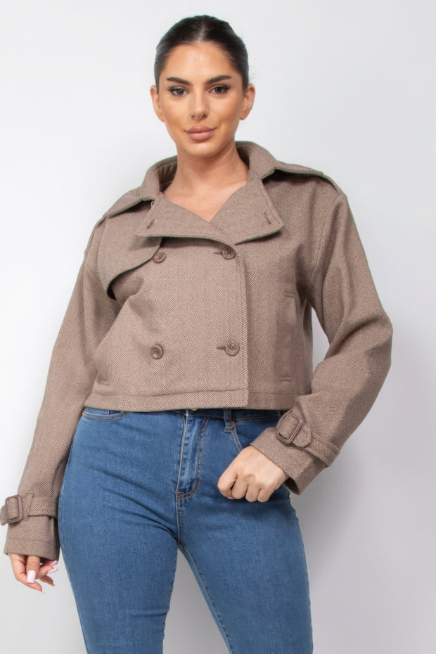 Notch Buckled Sleeve Crop Trench Coat - Fashionmj