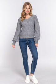 Long Slv Double V-neck Sweater - Fashionmj