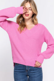 Long Slv Double V-neck Sweater - Fashionmj