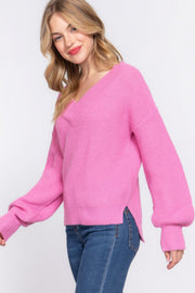 Long Slv Double V-neck Sweater - Fashionmj