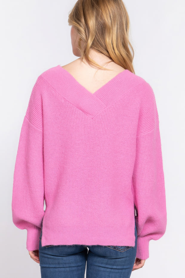 Long Slv Double V-neck Sweater - Fashionmj