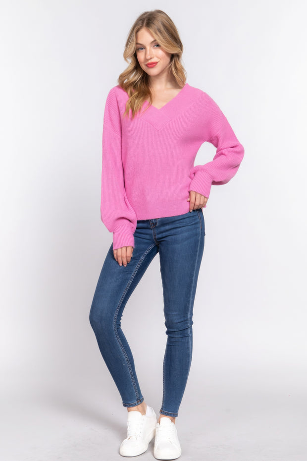 Long Slv Double V-neck Sweater - Fashionmj