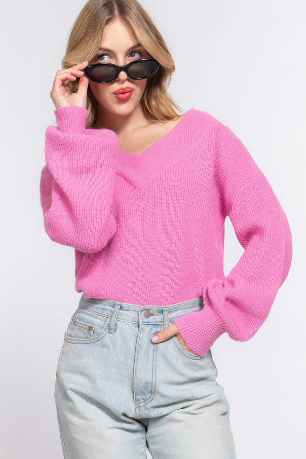 Long Slv Double V-neck Sweater - Fashionmj