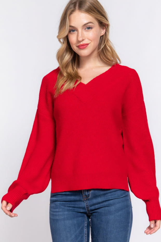 Long Slv Double V-neck Sweater - Fashionmj