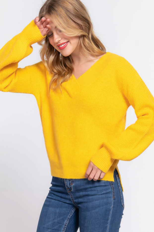 Long Slv Double V-neck Sweater - Fashionmj