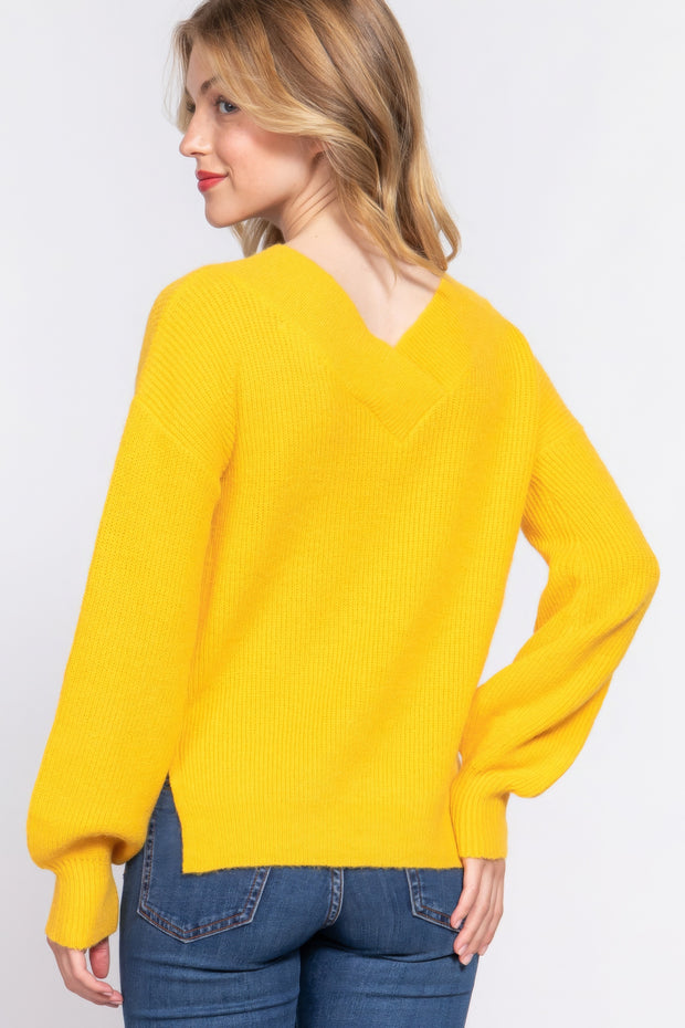 Long Slv Double V-neck Sweater - Fashionmj