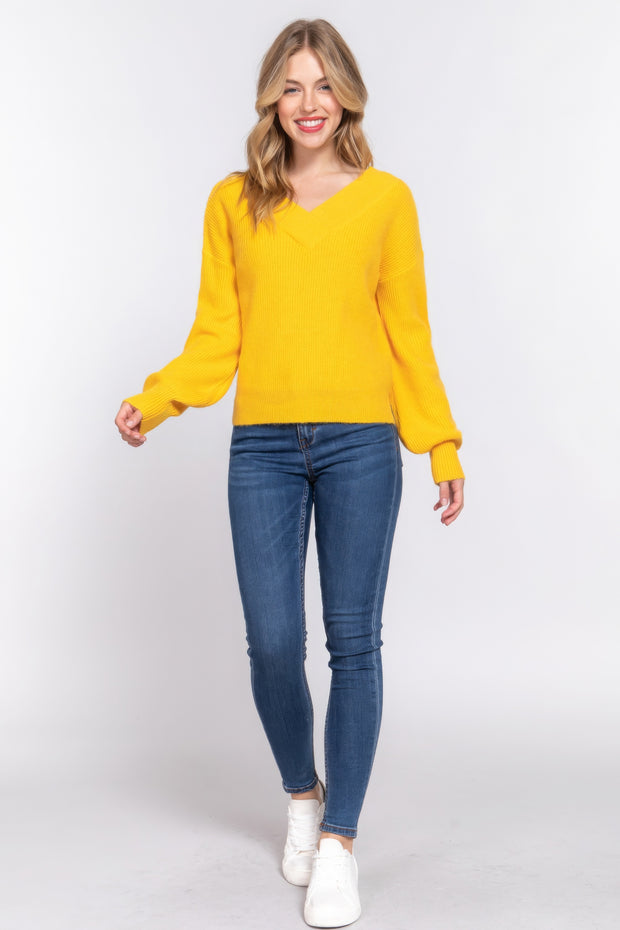 Long Slv Double V-neck Sweater - Fashionmj