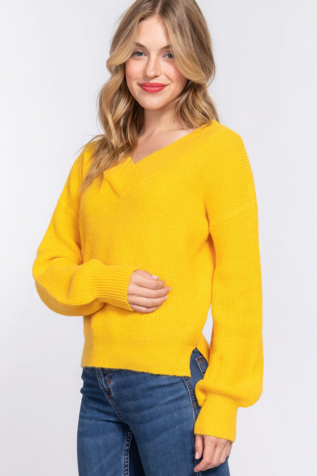 Long Slv Double V-neck Sweater - Fashionmj