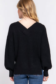 Long Slv Double V-neck Sweater - Fashionmj