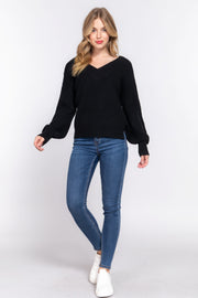 Long Slv Double V-neck Sweater - Fashionmj