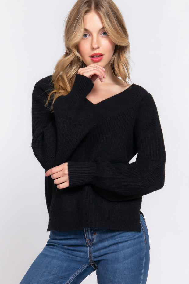 Long Slv Double V-neck Sweater - Fashionmj