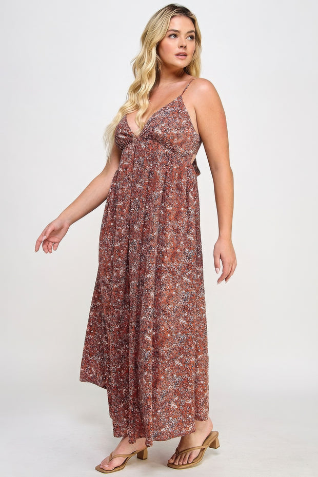 Floral Maxi Dress With Tie Back - Fashionmj