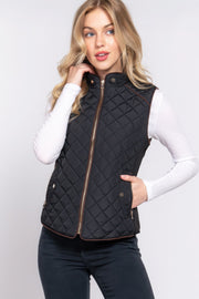 Suede Piping Quilted Padding Vest - Fashionmj