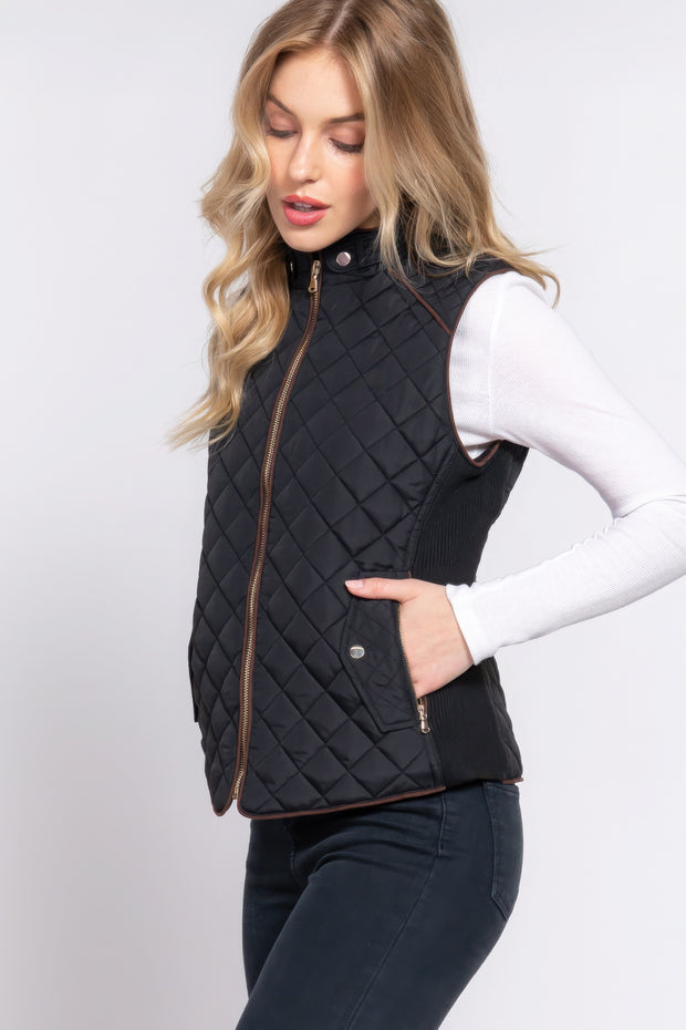 Suede Piping Quilted Padding Vest - Fashionmj