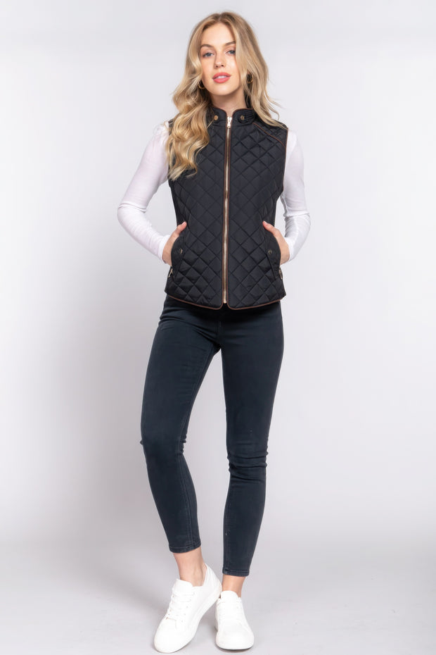 Suede Piping Quilted Padding Vest - Fashionmj