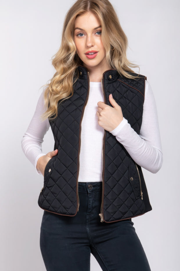 Suede Piping Quilted Padding Vest - Fashionmj