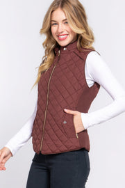 Suede Piping Quilted Padding Vest - Fashionmj