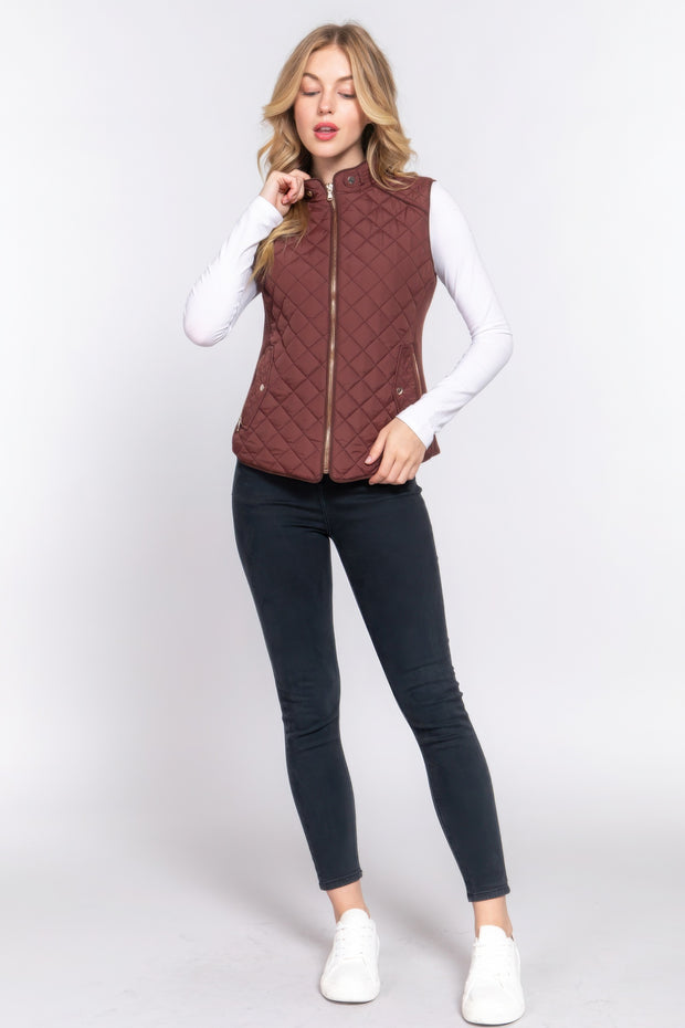 Suede Piping Quilted Padding Vest - Fashionmj