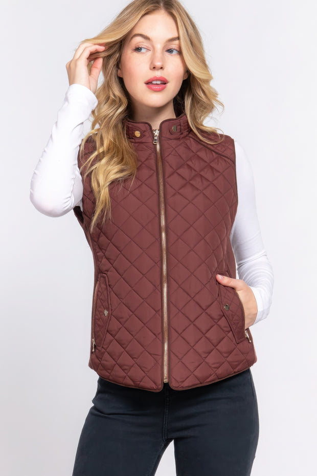 Suede Piping Quilted Padding Vest - Fashionmj