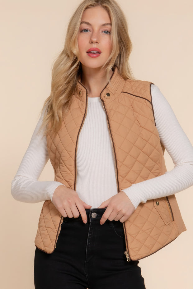 Suede Piping Quilted Padding Vest - Fashionmj