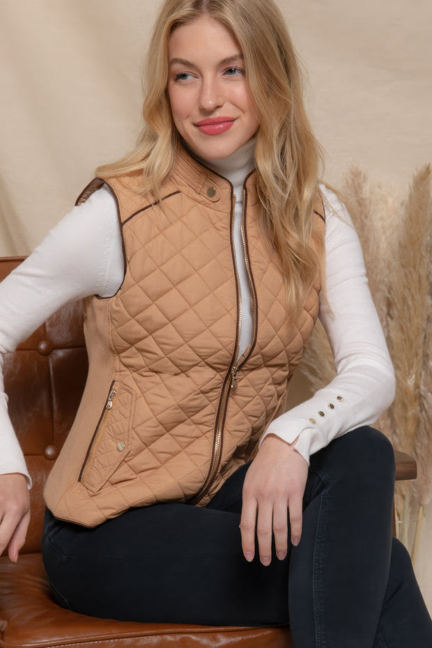 Suede Piping Quilted Padding Vest - Fashionmj