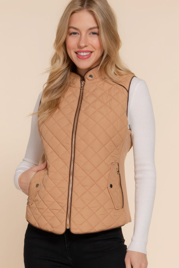 Suede Piping Quilted Padding Vest - Fashionmj