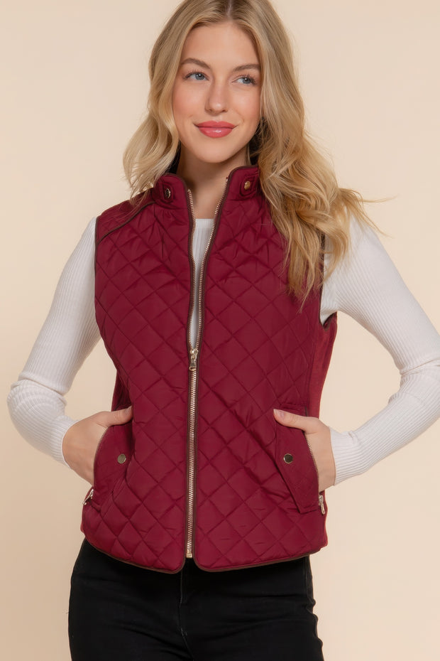 Suede Piping Quilted Padding Vest - Fashionmj