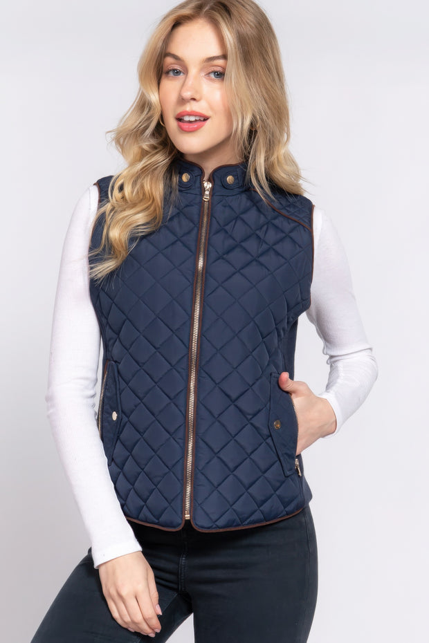 Suede Piping Quilted Padding Vest - Fashionmj