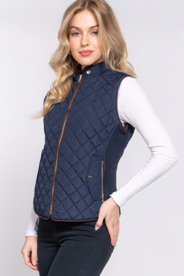 Suede Piping Quilted Padding Vest - Fashionmj