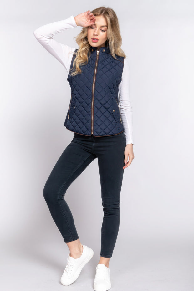 Suede Piping Quilted Padding Vest - Fashionmj