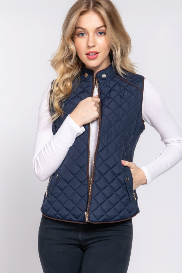 Suede Piping Quilted Padding Vest - Fashionmj