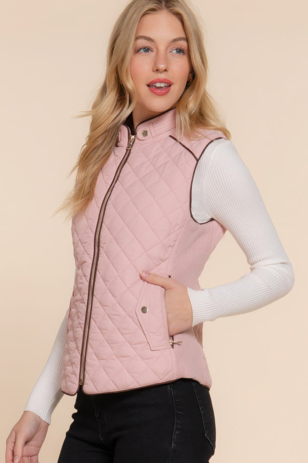 Suede Piping Quilted Padding Vest - Fashionmj