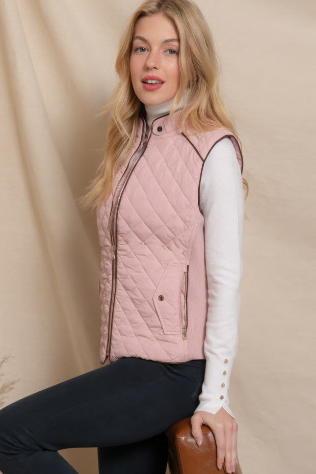 Suede Piping Quilted Padding Vest - Fashionmj