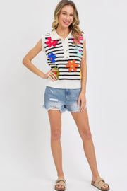 Flower Patch Stripe Knit Top - Fashionmj