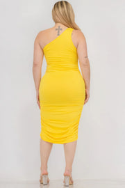 Plus Size Sexy Solid Color Ruched One Shoulder Midi Bodycon Dress - Fashionmj