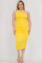 Plus Size Sexy Solid Color Ruched One Shoulder Midi Bodycon Dress - Fashionmj