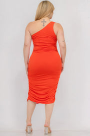 Plus Size Sexy Solid Color Ruched One Shoulder Midi Bodycon Dress - Fashionmj