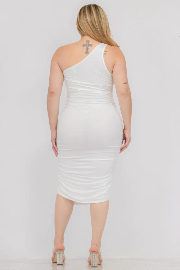 Plus Size Sexy Solid Color Ruched One Shoulder Midi Bodycon Dress - Fashionmj