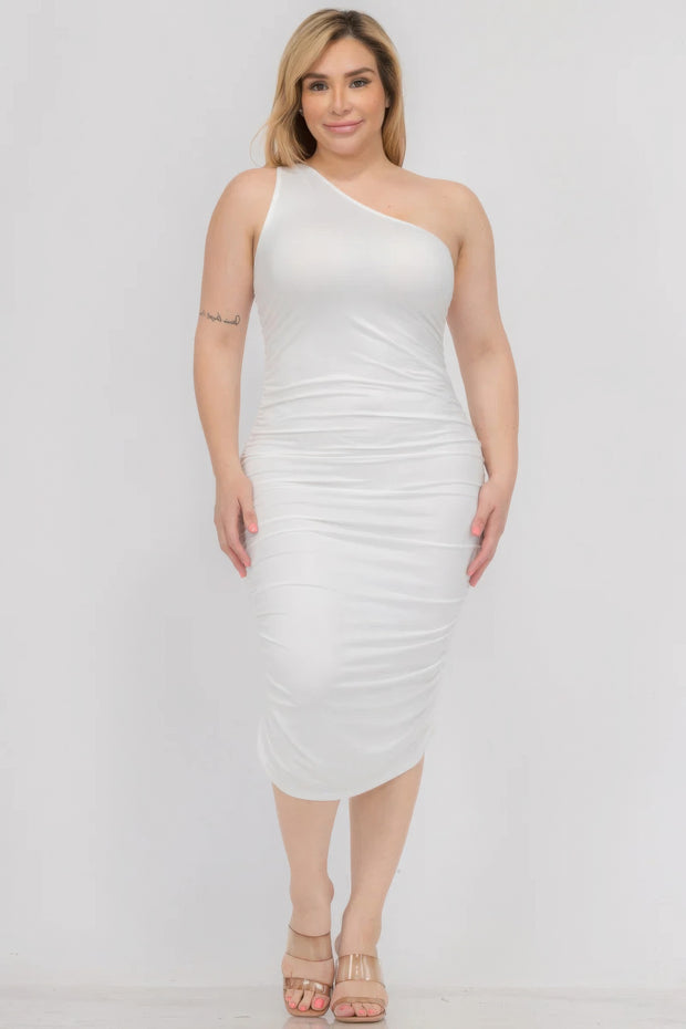 Plus Size Sexy Solid Color Ruched One Shoulder Midi Bodycon Dress - Fashionmj