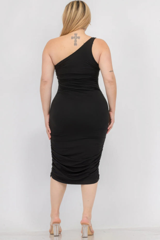 Plus Size Sexy Solid Color Ruched One Shoulder Midi Bodycon Dress - Fashionmj