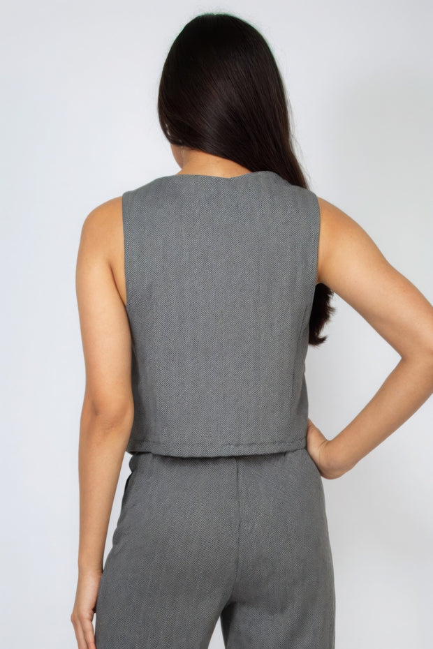 Herringbone V-neck Buttoned Vest Top - Fashionmj